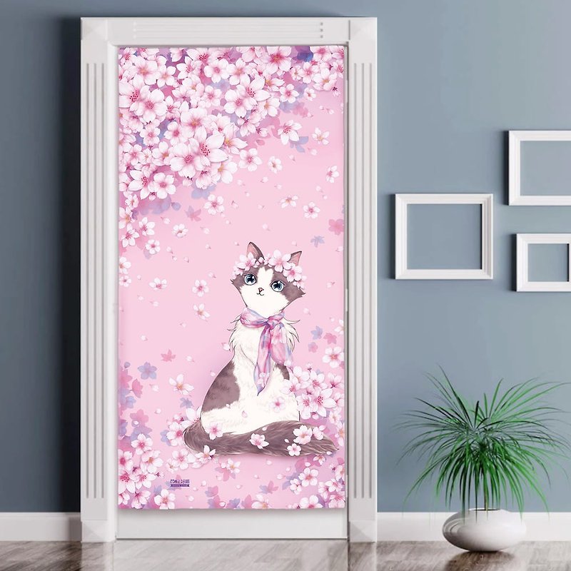 Monolithic Curtain | Home Furnishing | Thick Canvas-Cherry Blossom•Beauty Cat - Doorway Curtains & Door Signs - Cotton & Hemp Pink