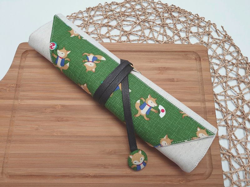 Japanese Japanese style fox (green)~environmental protection cutlery set/cutlery bag/cutlery storage bag (four formats) - Storage - Cotton & Hemp Multicolor