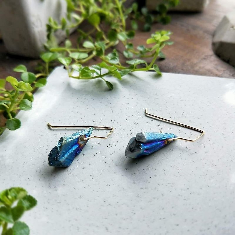 Half/half's half-custom order / scales, mini blue tassel, long leaf earrings - Earrings & Clip-ons - Copper & Brass Multicolor