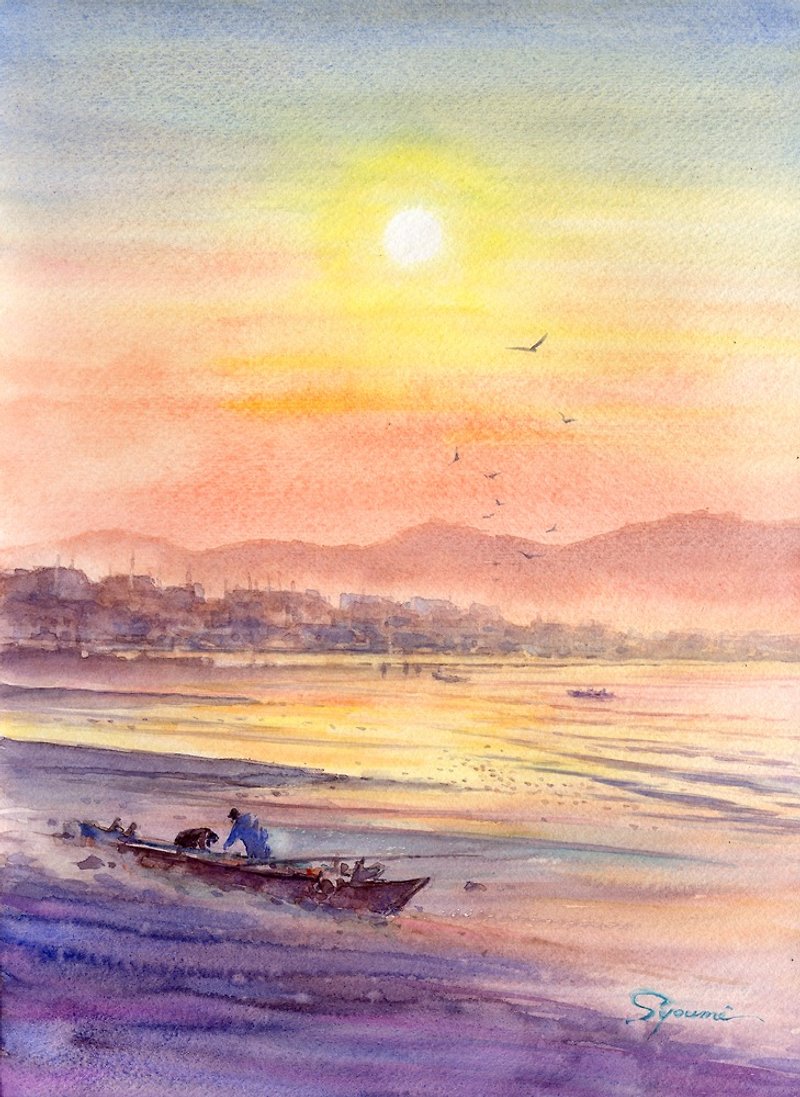 Watercolor misty beach - โปสเตอร์ - กระดาษ สึชมพู