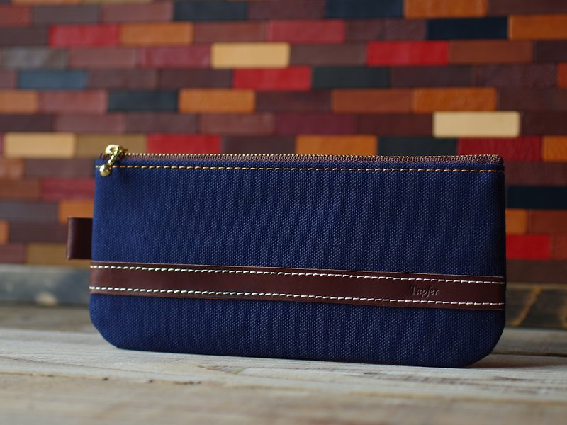 Canvas × Nume leather pouch pen case - กล่องดินสอ/ถุงดินสอ - ผ้าฝ้าย/ผ้าลินิน สีน้ำเงิน