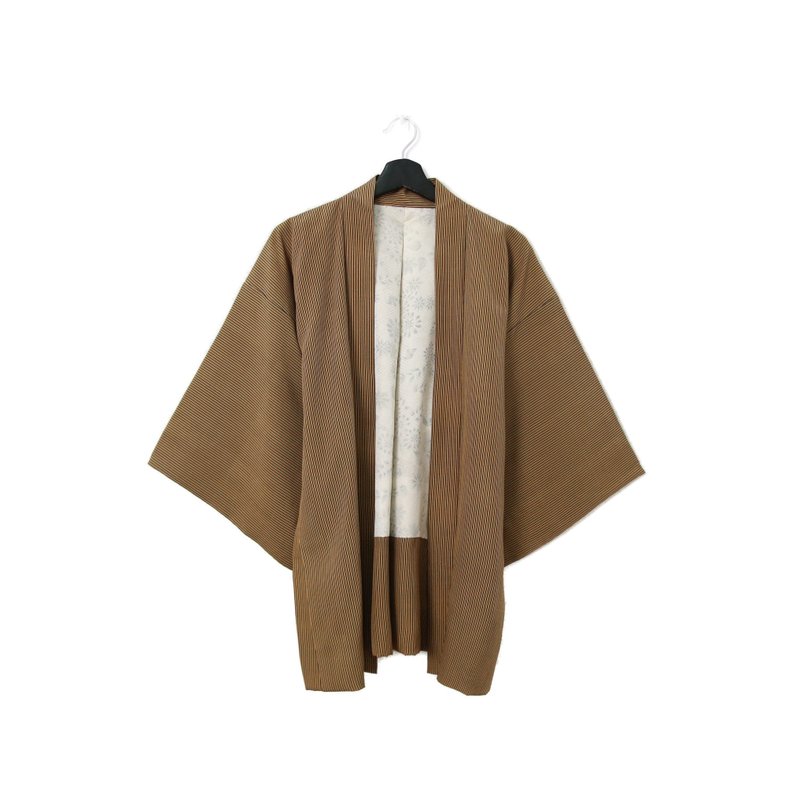 Back to Green-Japan brings back haori chestnut color stripes/vintage kimono - เสื้อแจ็คเก็ต - ผ้าไหม 