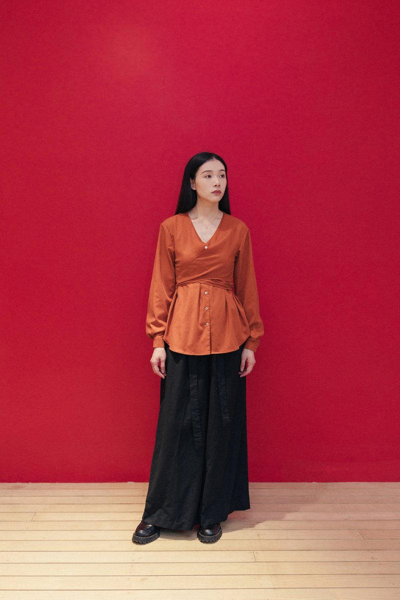 長腰帶系腰恤衫 Cross Strap Long Sleeve Shirt - 女襯衫 - 其他材質 橘色
