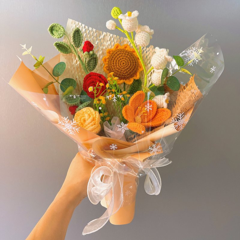 Handcrafted Crochet Mellow Yellow with Red, Orange, and White Floral Bouquet - Dried Flowers & Bouquets - Cotton & Hemp Orange