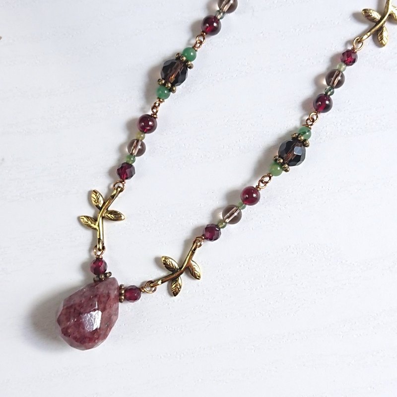 Antique-style dark red botanical necklace. - Necklaces - Semi-Precious Stones Red