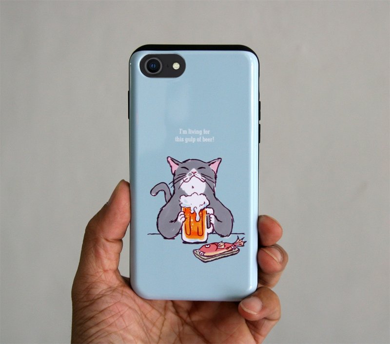 ICカード対応iPhoneケース　猫がビールで乾杯　ブルーグレー - 手機殼/手機套 - 塑膠 藍色