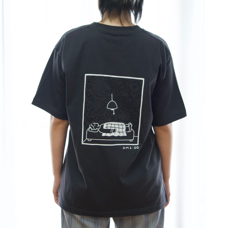 夜ノTシャツAM2:00【シルクスクリーン】【半袖】【手刷り】【レディース】【メンズ】 - 女上衣/長袖上衣 - 棉．麻 黑色