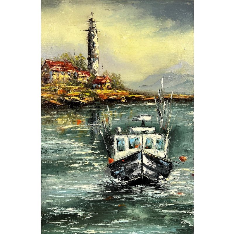 Boat Painting Lighthouse Artwork Original Art Canvas 60x40cm - 海報/掛畫/掛布 - 棉．麻 多色