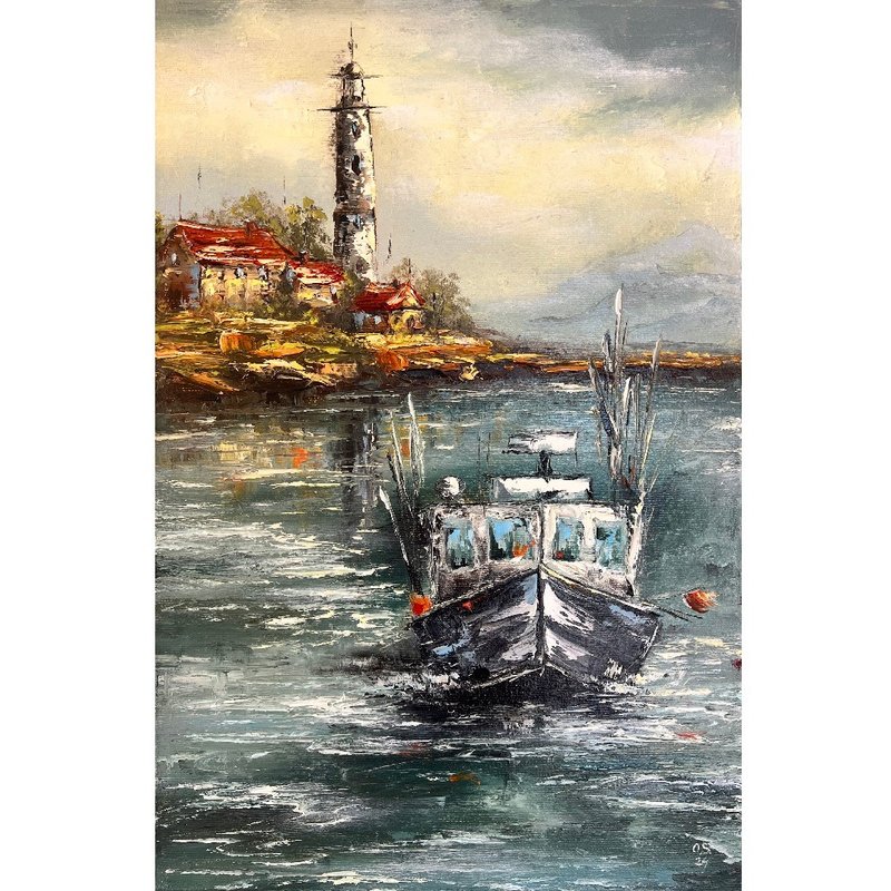 Boat Painting Lighthouse Artwork Original Art Canvas 60x40cm - 海報/掛畫/掛布 - 棉．麻 多色