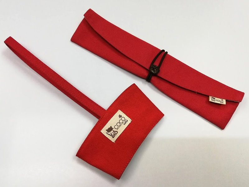 環保筷袋杯套組~手提式飲料杯套 餐具組收納袋 筷套(紅色)F08-001 - 杯袋/飲料提袋 - 棉．麻 紅色