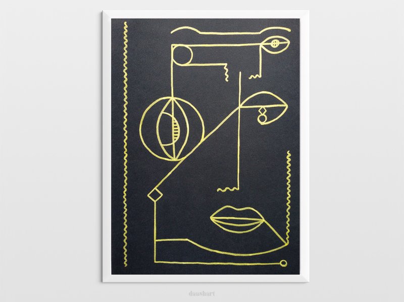 Black and gold abstract face modern poster Lines shape handmade drawing wall art - 海報/掛畫/掛布 - 紙 金色