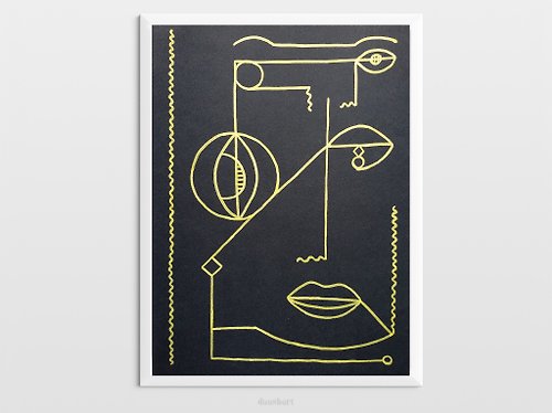 daashart Black and gold abstract face modern poster Lines shape handmade drawing wall art
