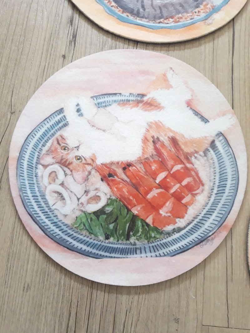 Cat Gourmet-Orange Cat Seafood Noodle / Potholder / Placemat / Pot Mat - ผ้ารองโต๊ะ/ของตกแต่ง - ไฟเบอร์อื่นๆ หลากหลายสี