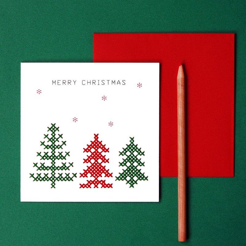 【三棵聖誕樹】聖誕雷射卡 十字繡材料套組 - 編織/刺繡/羊毛氈/縫紉 - 紙 
