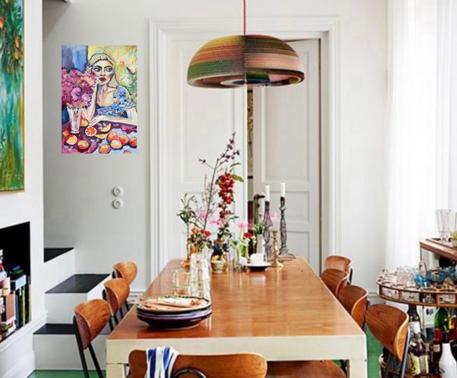 桃を持つ少女、キャンバスに描かれたオリジナルの油絵、女性のポート