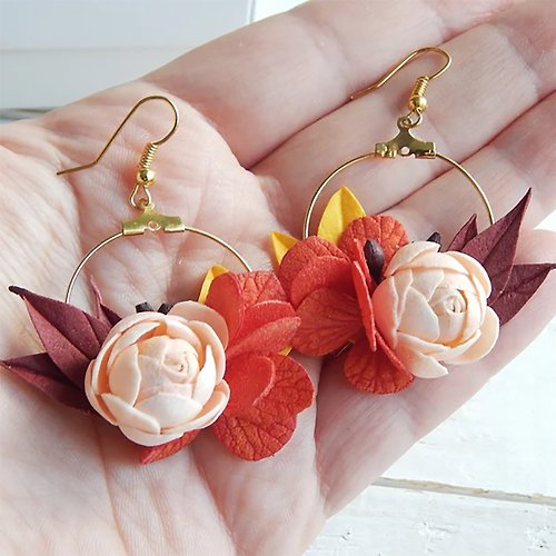 FloraFantasyIZ Fall leaf earrings Terracotta earrings Burnt orange hoop earrings Autumn jewelry
