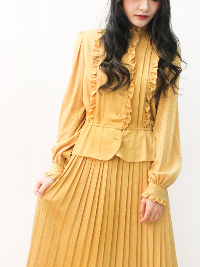 日本製復古維多莉雅立領古典薑黃色長袖古著洋裝 Japanese Vintage Dress - 連身裙 - 聚酯纖維 黃色