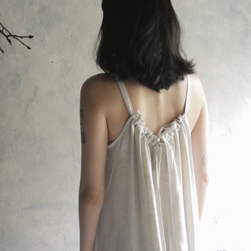 SIXTH SENSE Drawstring Neckline Linen Dress Beige - One Piece Dresses - Cotton & Hemp White