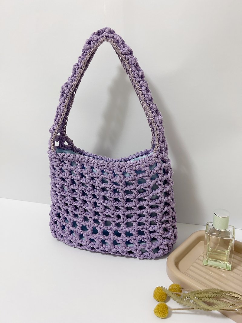 Crochet Mesh___Muffin Series Mesh Shoulder Bag - กระเป๋าแมสเซนเจอร์ - ผ้าฝ้าย/ผ้าลินิน สีกากี