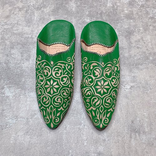 駝峰牌薄荷茶 DoorToMorocco 摩洛哥 balgha 皮雕手工鞋 綠 踩腳鞋 室內鞋