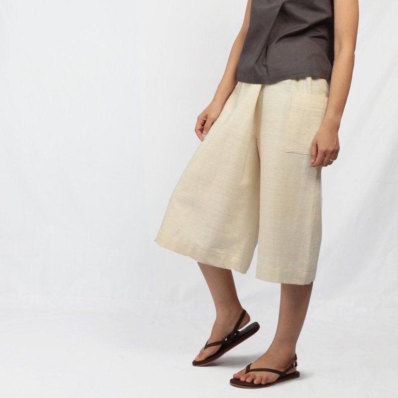 Hand Woven Cotton Pants/ Natural white - 女長褲 - 棉．麻 白色