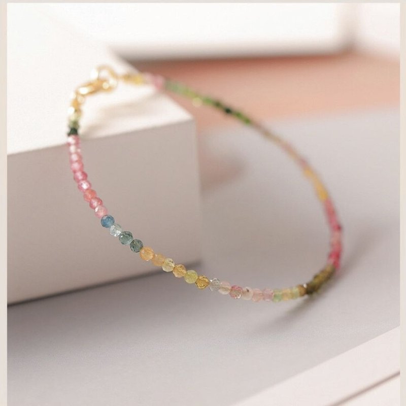 New Chinese style - natural tourmaline 2mm Gemstone faceted bracelet | extremely fine colored tourmaline single circle bracelet (extension chain) - สร้อยข้อมือ - เครื่องเพชรพลอย หลากหลายสี