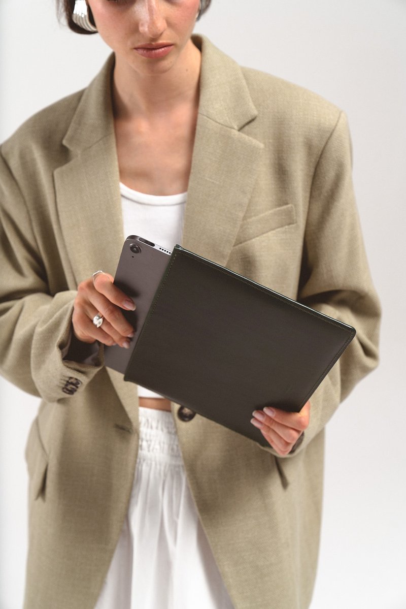 超薄保護套 | 兼容 MacBook 或 iPad | 有或沒有斜挎帶 - 平板/電腦保護殼/保護貼 - 真皮 綠色