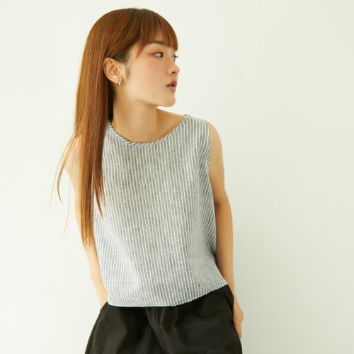 inboxStreetwear Linen Cropped Tank Top - Grey Striped