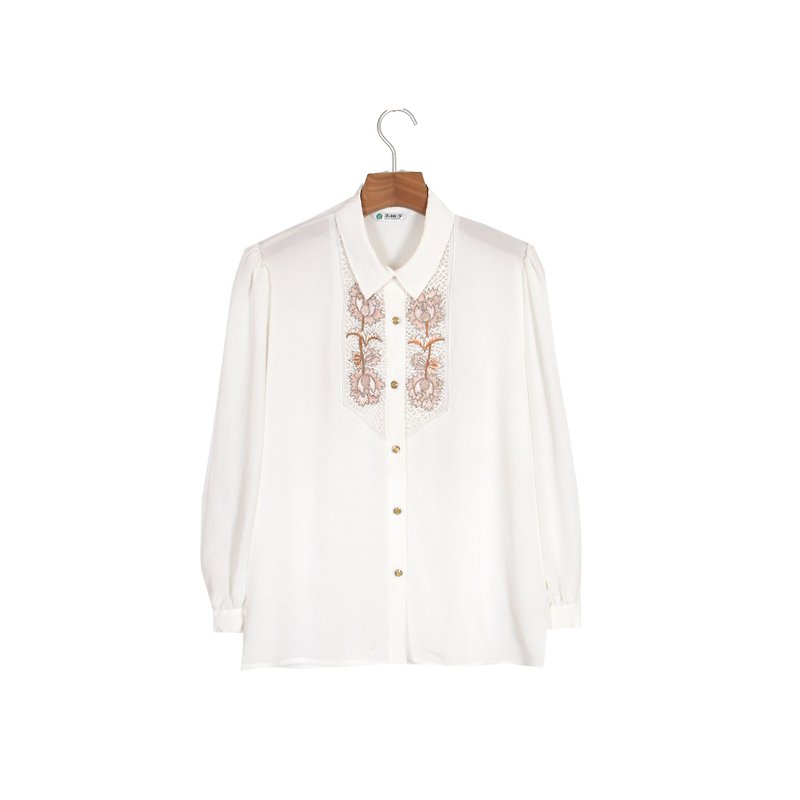 （エッグ植物ヴィンテージ）エキゾチックな花刺繍ヴィンテージシャツ - シャツ・ブラウス - ポリエステル ホワイト
