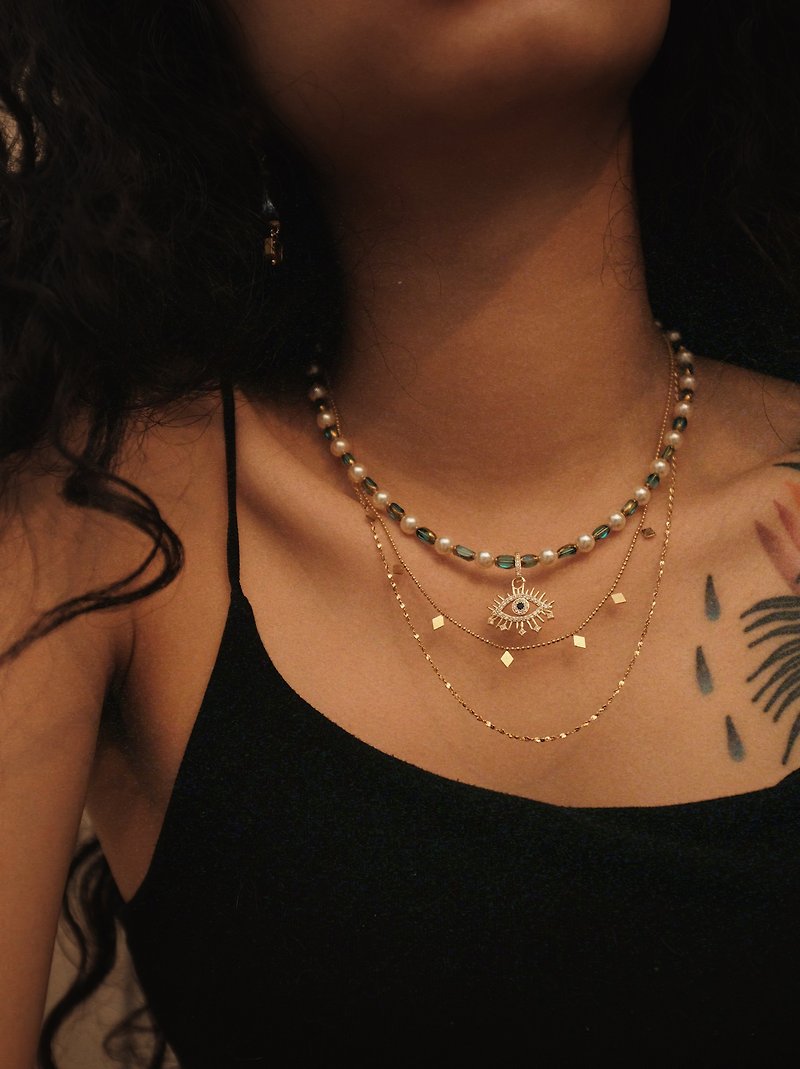 【Eyes】 Swarovski pearl necklace Original exclusive crystal pearl niche retro exo - สร้อยคอ - วัสดุอื่นๆ สีน้ำเงิน