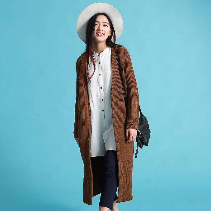 Annie Chen 2016 spring new female long-sleeved sweater dark camel wool coat long cardigan sweater female literary - Women's Sweaters - Other Materials Brown