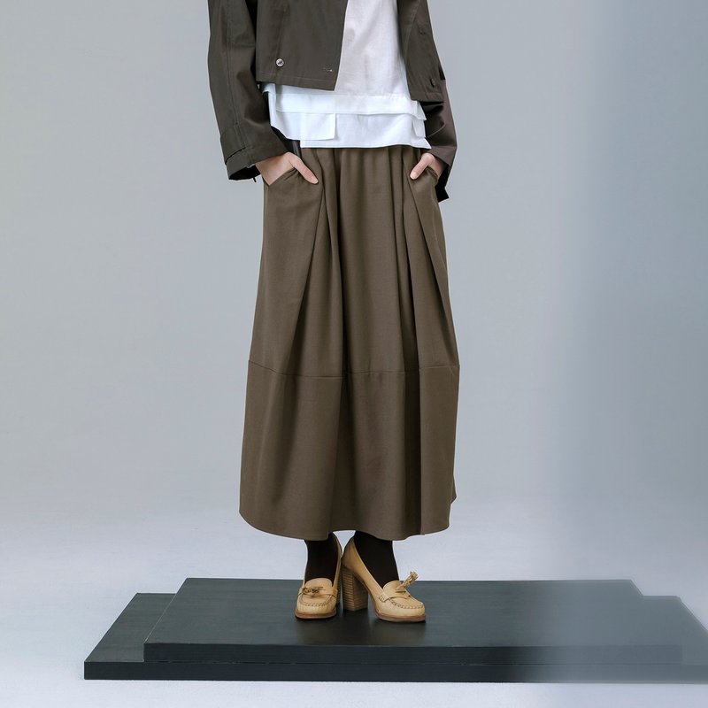 鬆緊活褶長裙 - 裙子/長裙 - 聚酯纖維 咖啡色