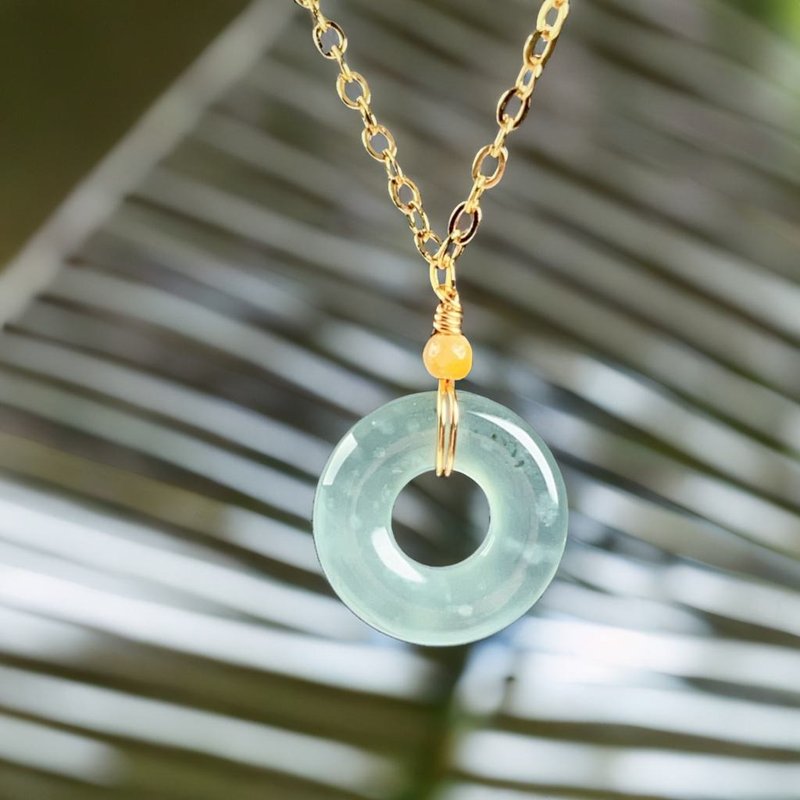 [Wish for peace] Ice Blue Water Jade Peace Buckle Necklace 14K gold-filled | Natural Grade A Jadeite - Necklaces - Jade Blue