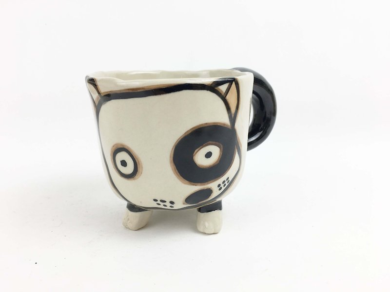Nice Little Clay handmade dog foot cup black round dog 0115-03 - Mugs - Pottery White