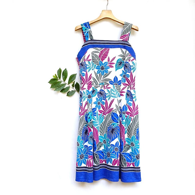 BajuTua / vintage / navy blue jungle Images Dress - ชุดเดรส - เส้นใยสังเคราะห์ สีน้ำเงิน