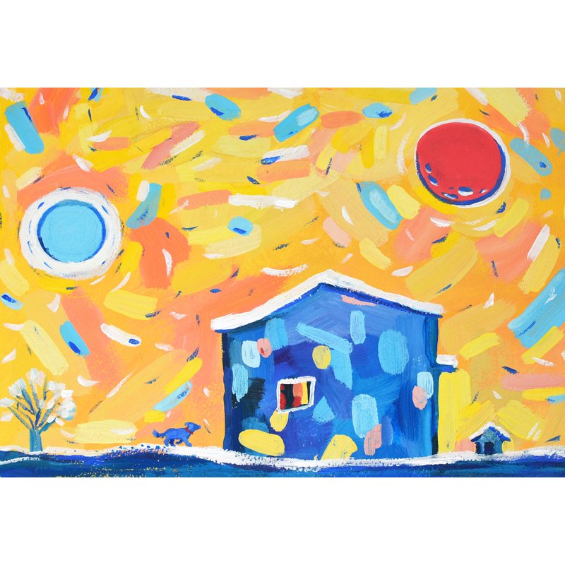 Countryside Original Gouache Painting Landscape Lovely Day Planets Art 24x34cm - Wall Décor - Paper Orange