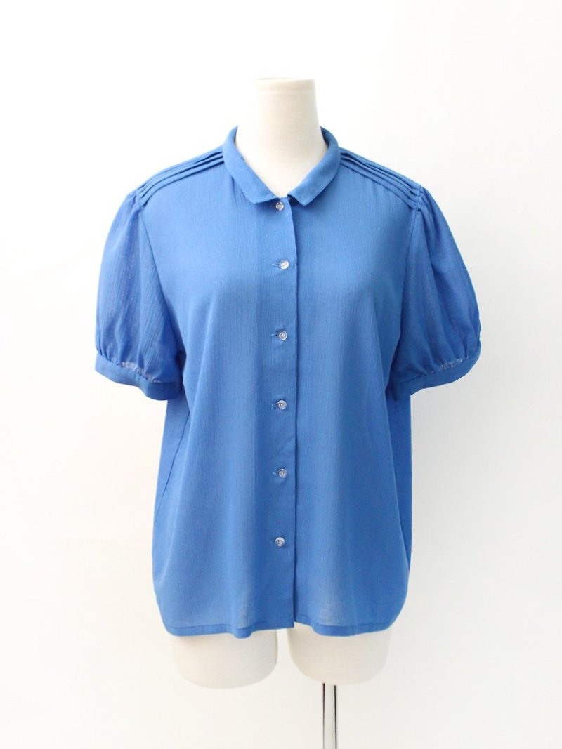 Vintage Japanese French Elegant Aqua Blue Plain Short Sleeve Vintage Shirt Vintage Blouse - เสื้อเชิ้ตผู้หญิง - เส้นใยสังเคราะห์ สีน้ำเงิน