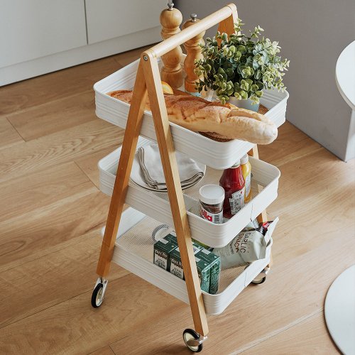 European-style wooden three-layer storage trolley