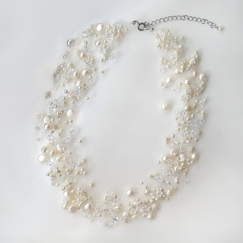 Pure- Bride wedding Pearl with swarovski crystal Necklace - สร้อยคอ - ไข่มุก ขาว