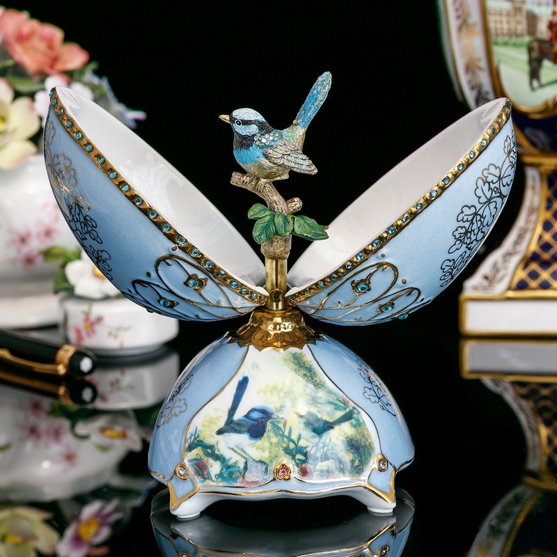 American Bradford Russian Easter Egg Birds and Flowers Blue Bird Ceramic Music Box Music Bell Holiday Gift - Other - Porcelain 