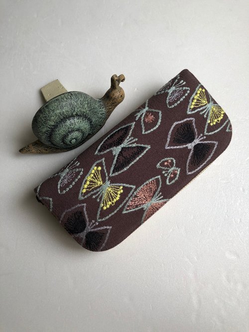 minä 皆川明刺繍リネン[蝶-シアンブルー/ココア底/米底]-ロング