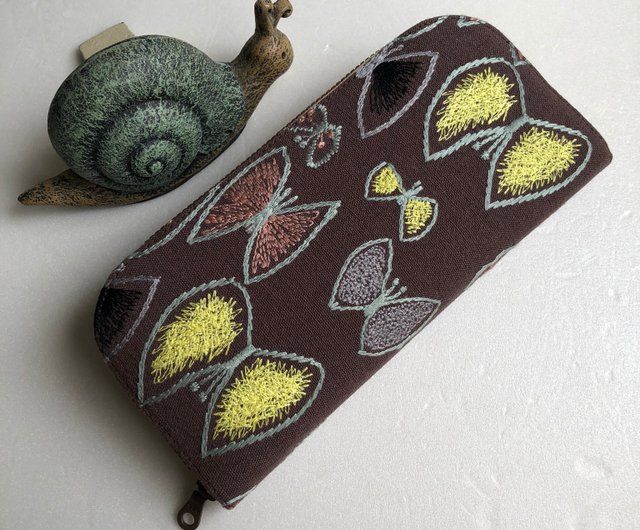 minä 皆川明刺繍リネン[蝶-シアンブルー/ココア底/米底]-ロング