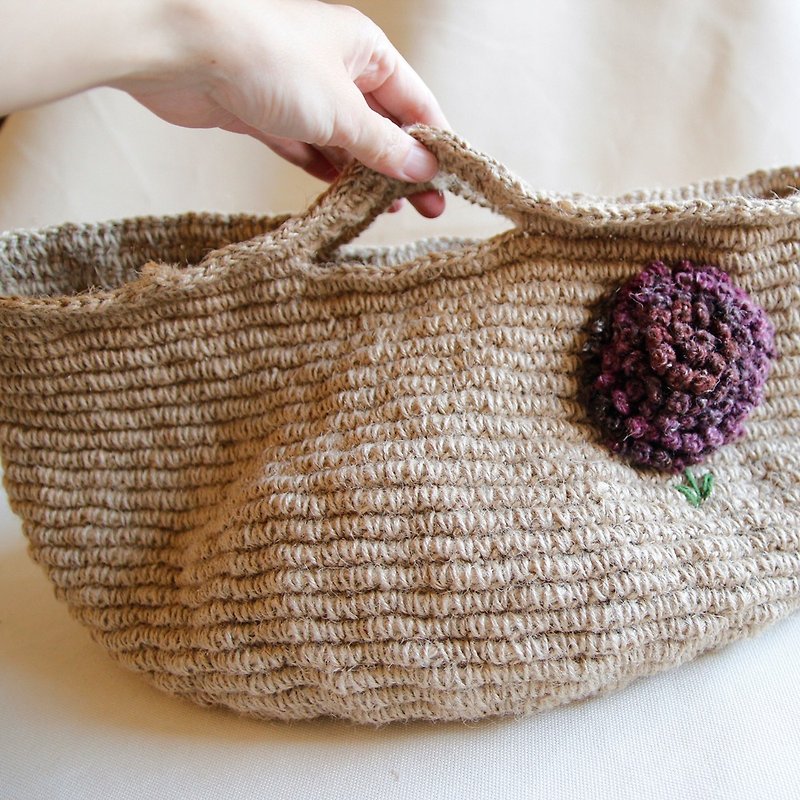 Wool knitting handmade gift large-capacity hand basket with gorgeous purple hydrangeas/fireworks Linen rope hand hook - Handbags & Totes - Other Materials Yellow