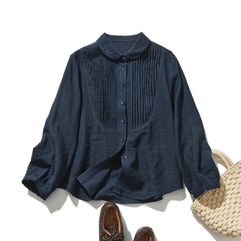 Cute and mature round-collar shirt blouse with pin tucks, long sleeves, navy blue 241007-4 - เสื้อผู้หญิง - ผ้าฝ้าย/ผ้าลินิน 