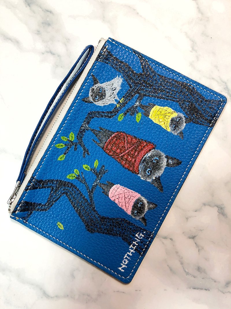 手描きパターンバット猫革小銭入れ|携帯電話バッグ|小さな財布|クラッチバッグ - クラッチバッグ - 革 ブルー