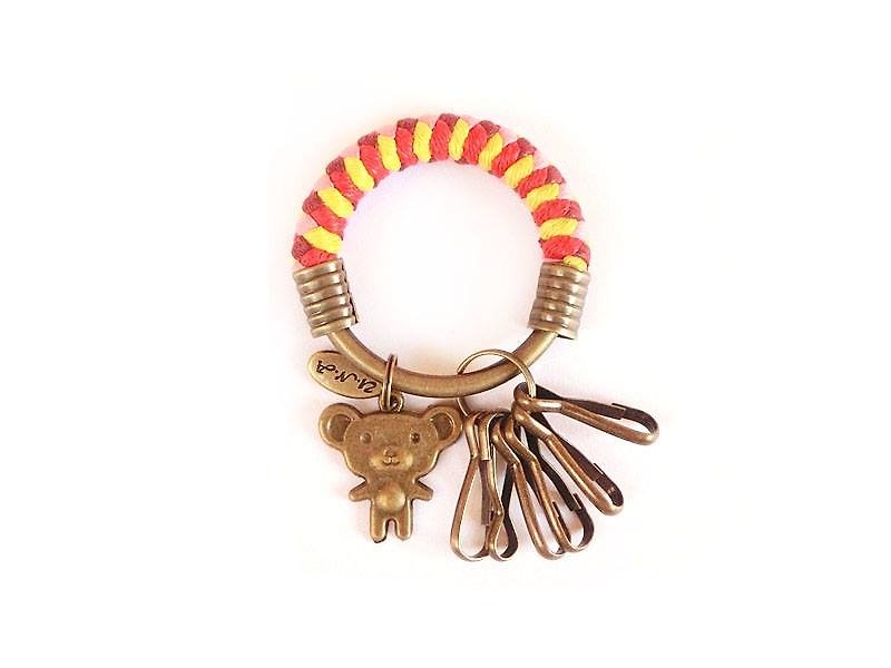 Key ring (small) 5.3CM red + wine red + pink + bright yellow + bear hand-woven hoop customized - Keychains - Other Metals Multicolor