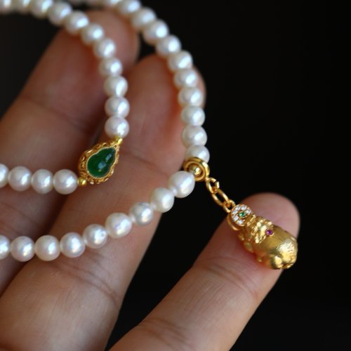 Angel's tears 天使之淚 Jewelry Design 4mm天然原色淡水珍珠 翡翠葫蘆純銀鎏貔貅設計多圈手串項鍊s