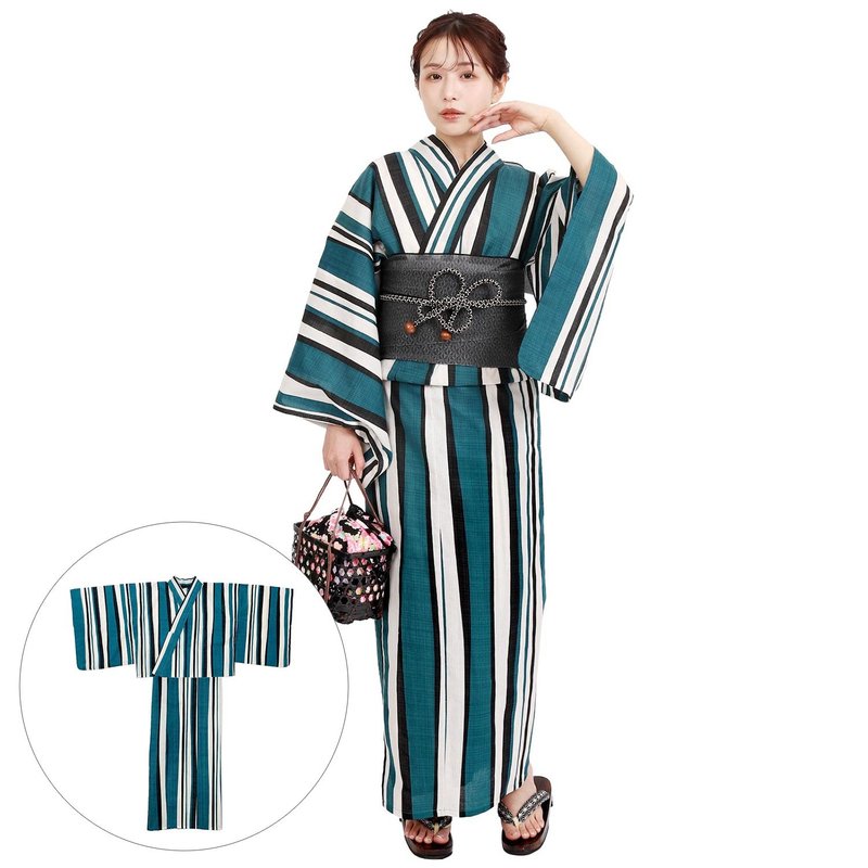 日本 和服 女性 兩件式 浴衣 腰封 套組 F size x14h-25 - 其他 - 棉．麻 綠色