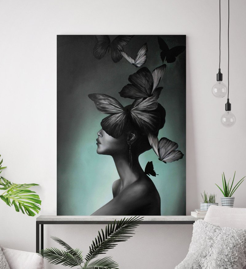 Woman butterfly canvas | Black girl painting | Oil painting Girl | Black wings - 壁貼/牆壁裝飾 - 棉．麻 黑色