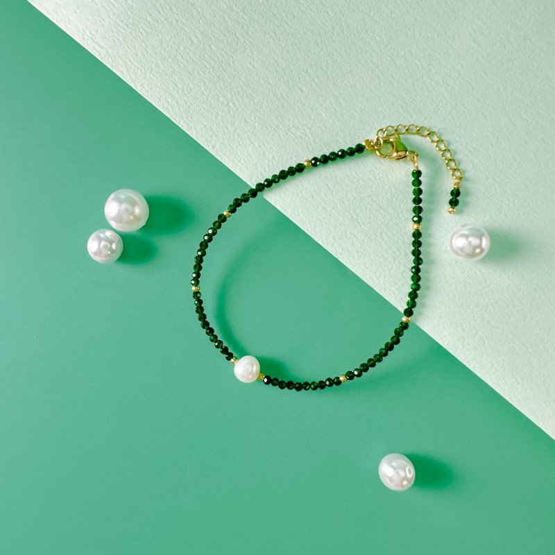 Baroque Pearl Green Agate 316 Medical Steel Bracelet/14K Gold June Birthstone Natural Stone - Bracelets - Crystal Green